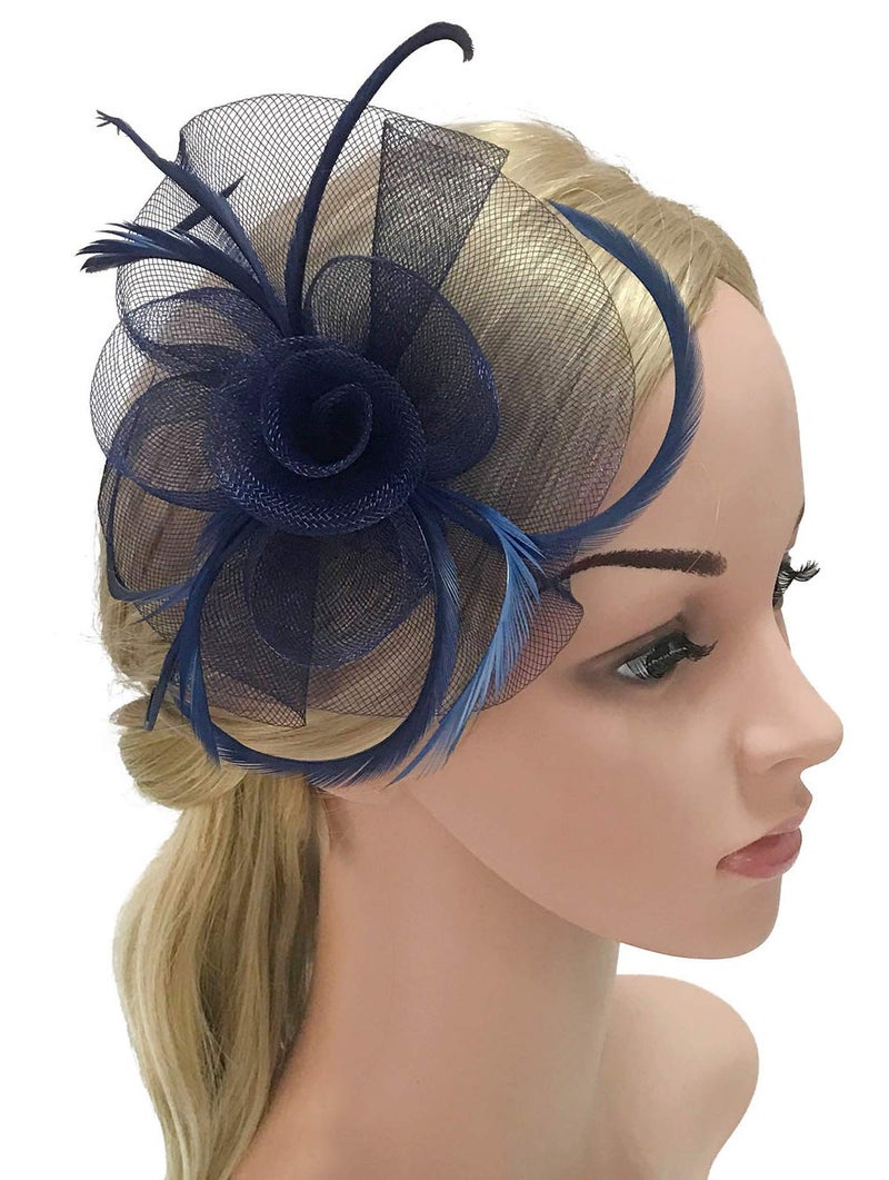 ZX Z&X Ladies Girls Fasciantor Hat Mesh Spiral Flower Feather Tea Party Hat with Clip Brooch Navy Blue - Image 4